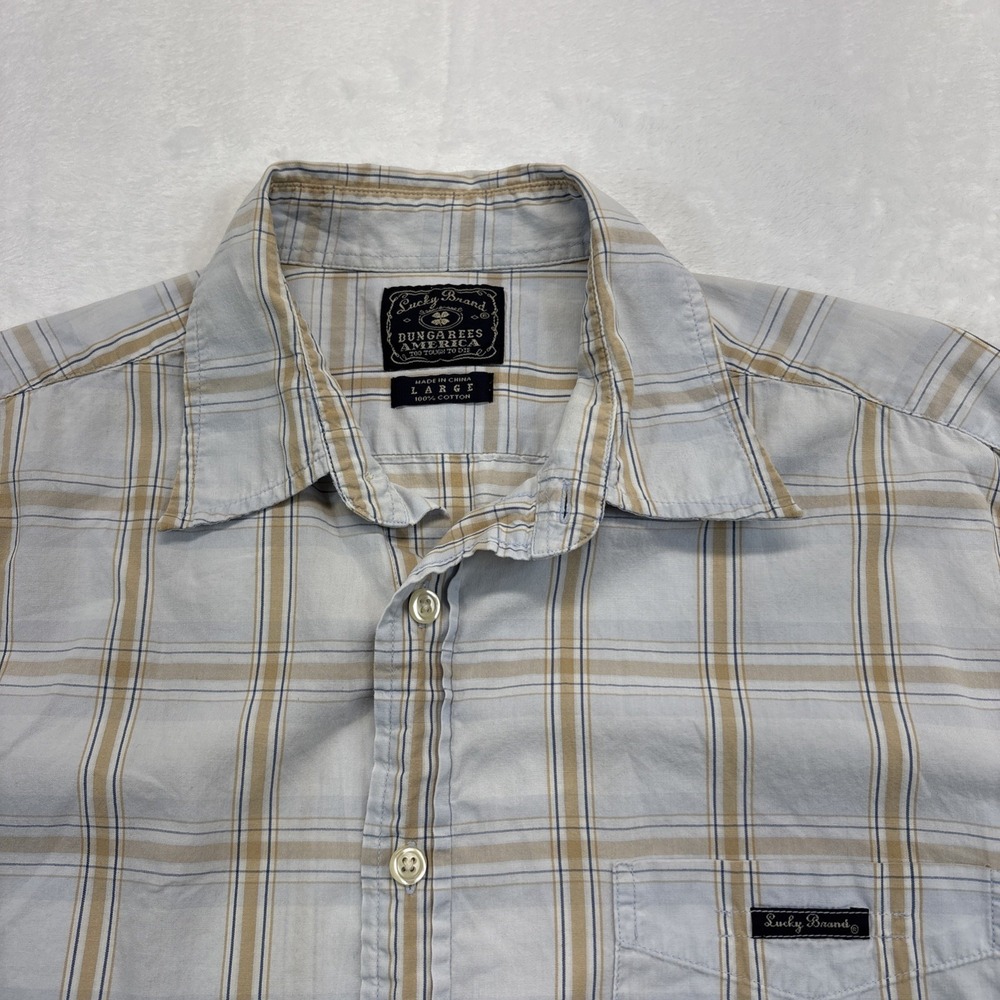 Lucky Brand Dungarees Shirt Mens LG Beige Short Sleeve Western Plaid Cowboy Y2K